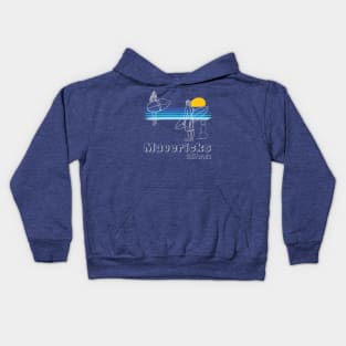 Mavericks California surf guy and girl with dog surfing line art Kids Hoodie